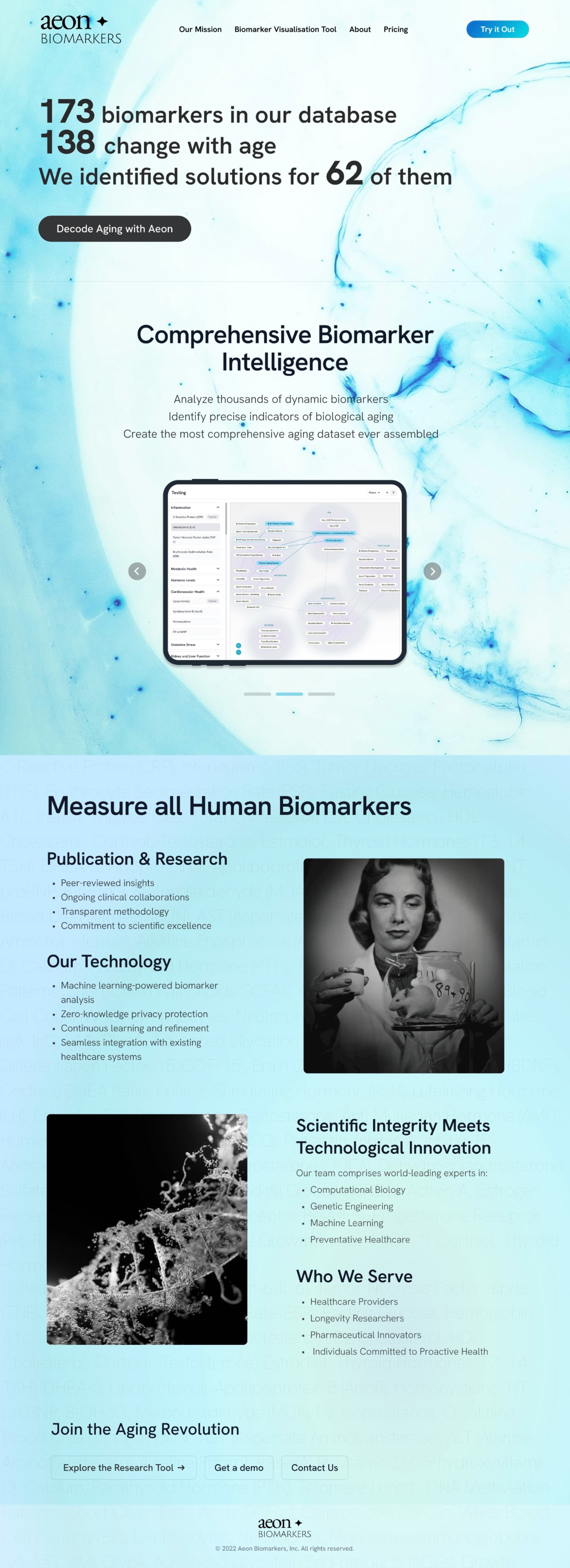 Aeon Biomarkers home page, full scroll