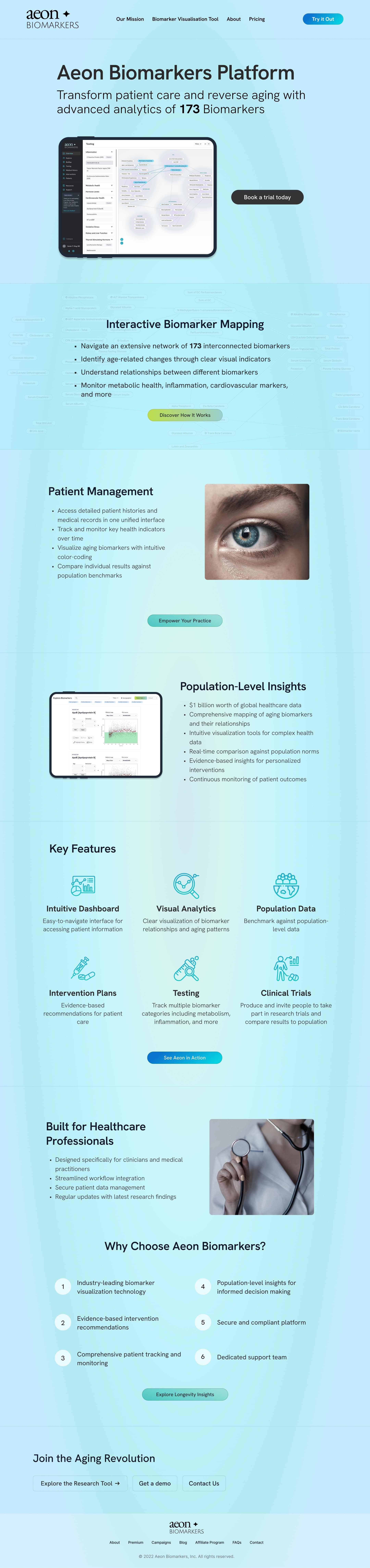 Aeon Biomarkers tool page, full scroll