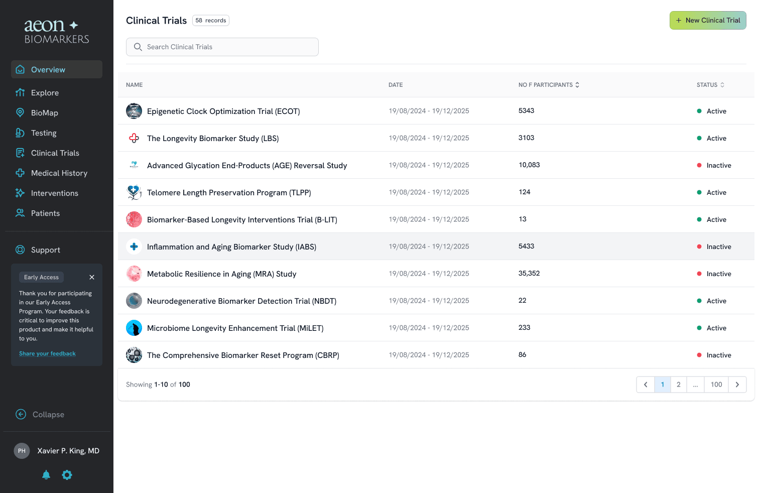 AeonBio clinical trials screen