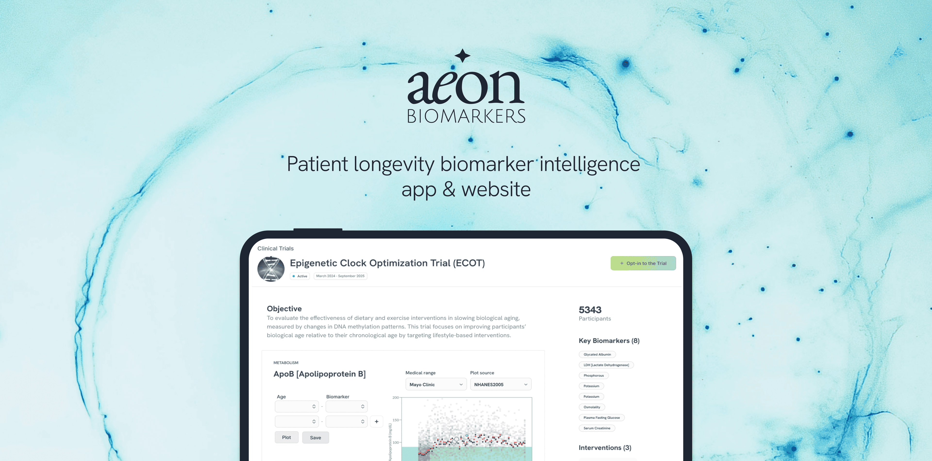 AeonBio interactive biomarker map open on a laptop frame