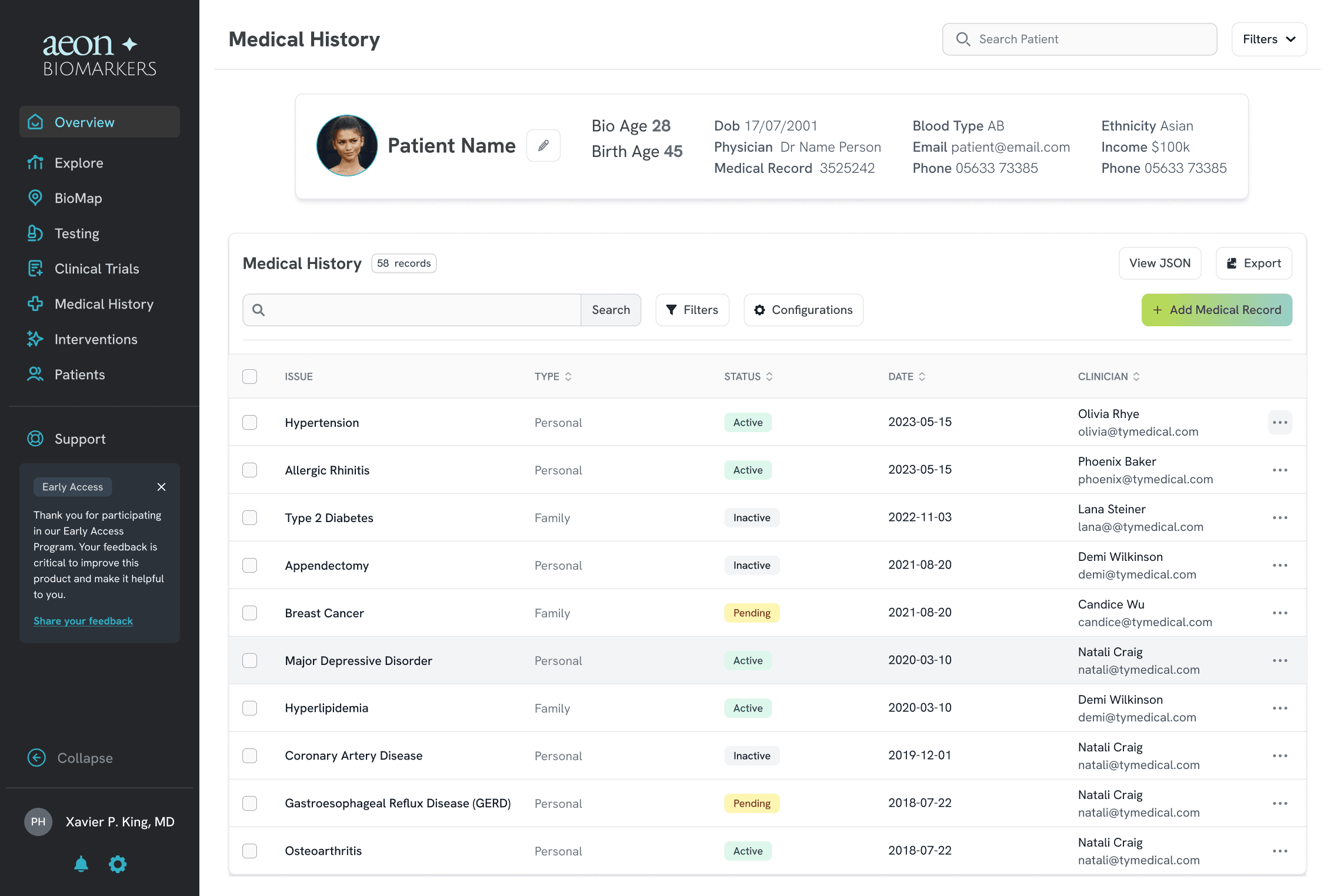 AeonBio patient records screen