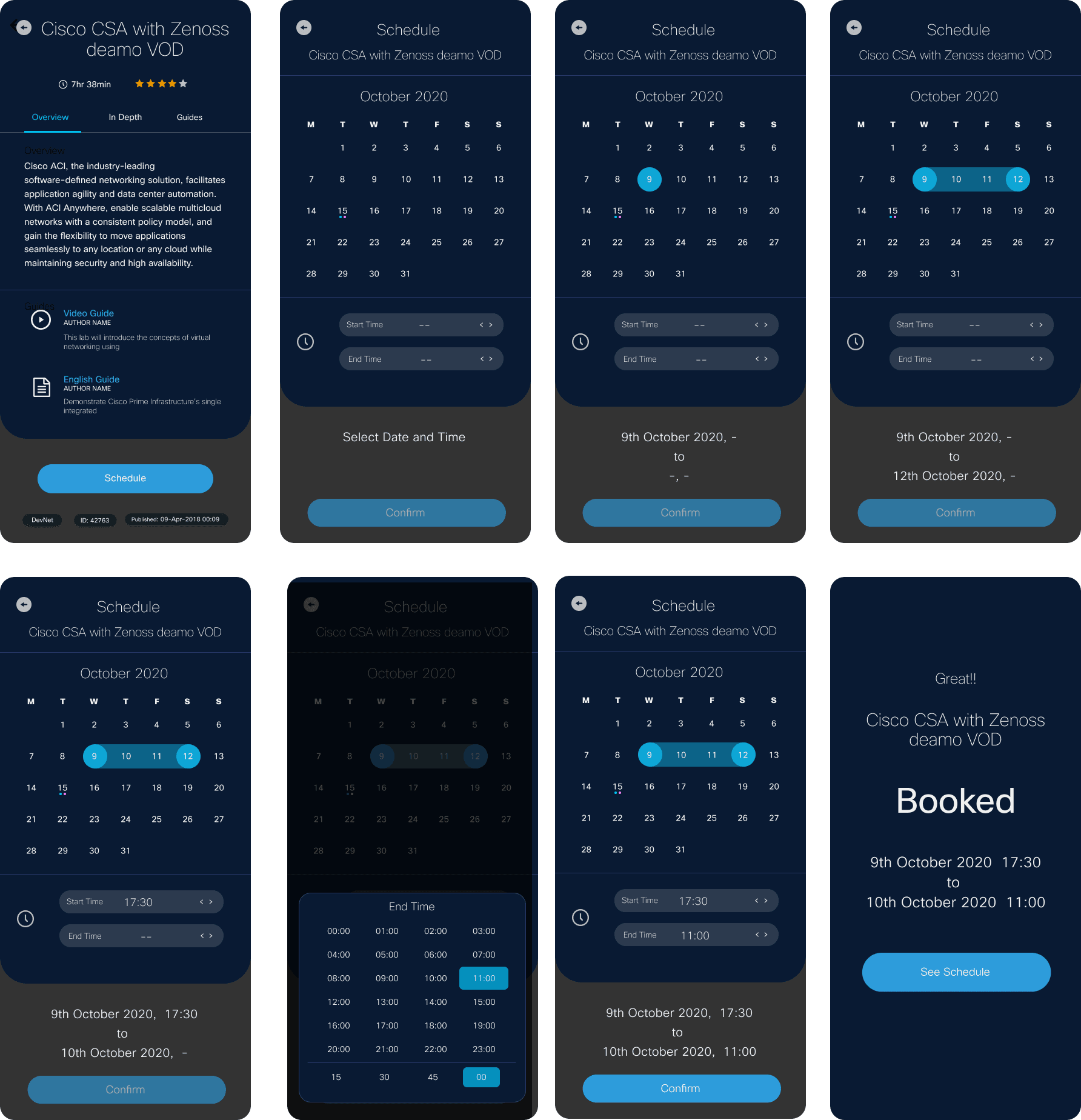 Demo Scheduling — final product screens across the booking flow