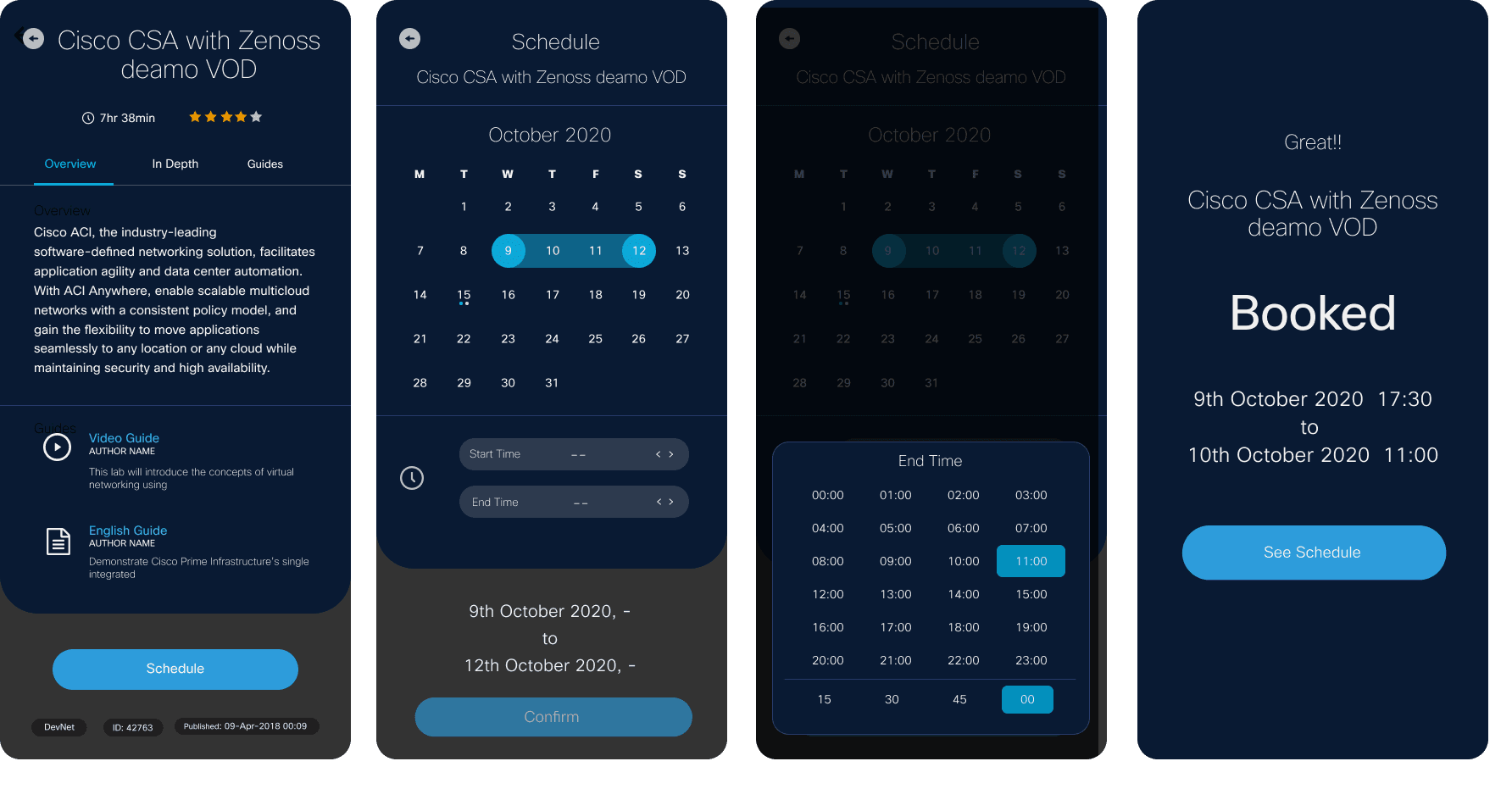 Demo Scheduling visual design — calendar and time picker screens