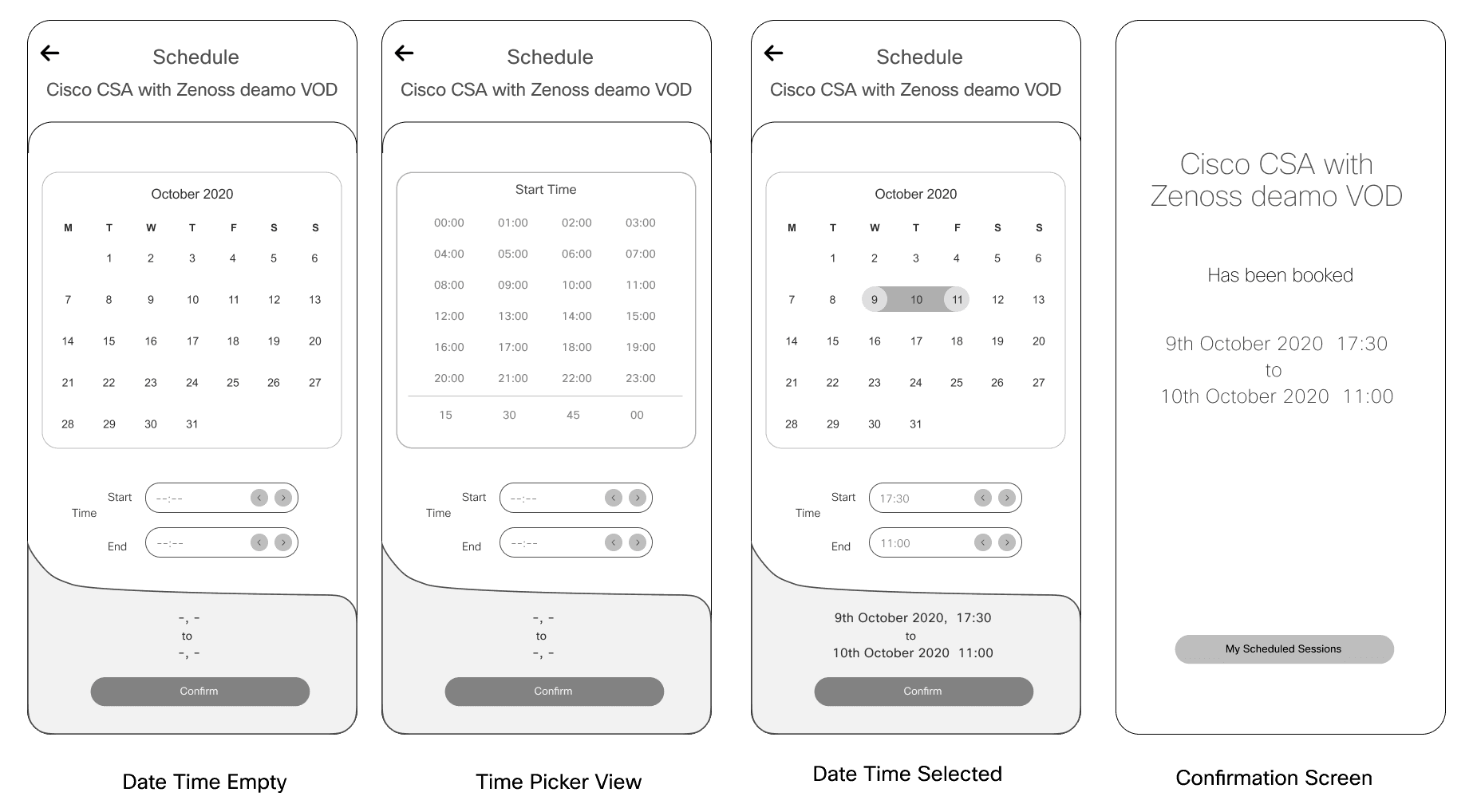 Demo Scheduling wireframes — date/time selection and confirmation