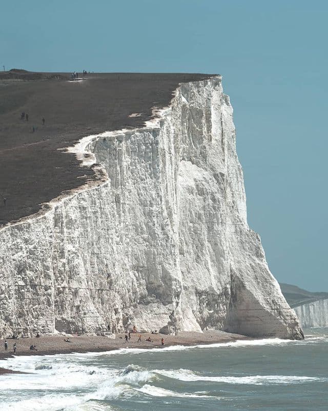 White chalk cliffs meeting the sea