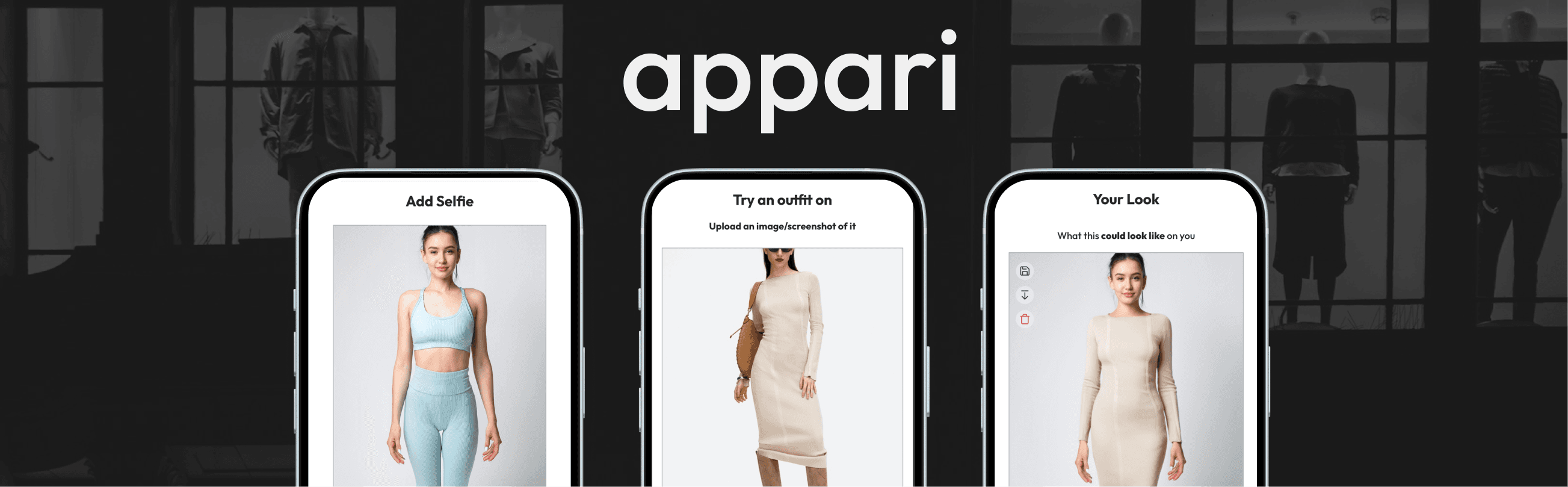 Appari app open on three phones, showing the add-selfie, try-on, and result screens