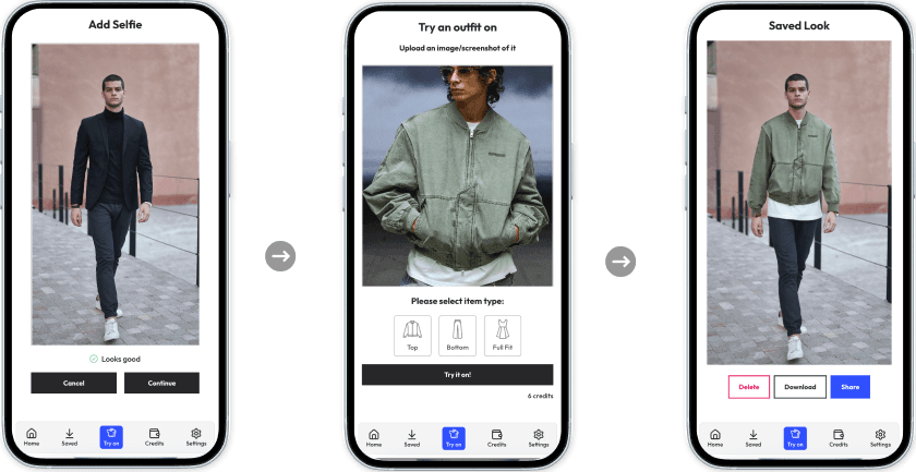 Appari app screens: add selfie, try an outfit on, and saved look