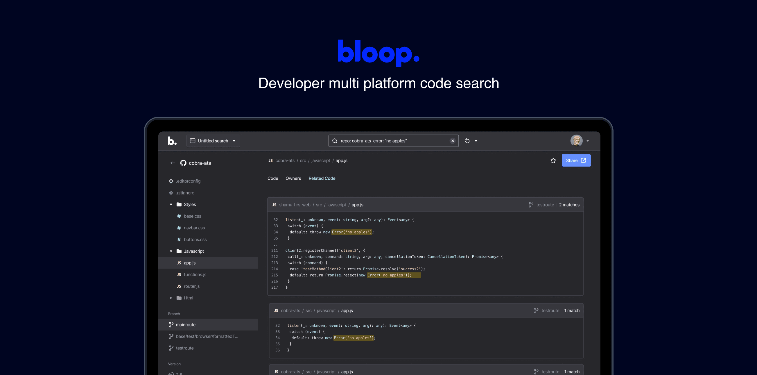 Bloop logo and tagline "Developer multi platform code search" above a laptop showing the code search interface