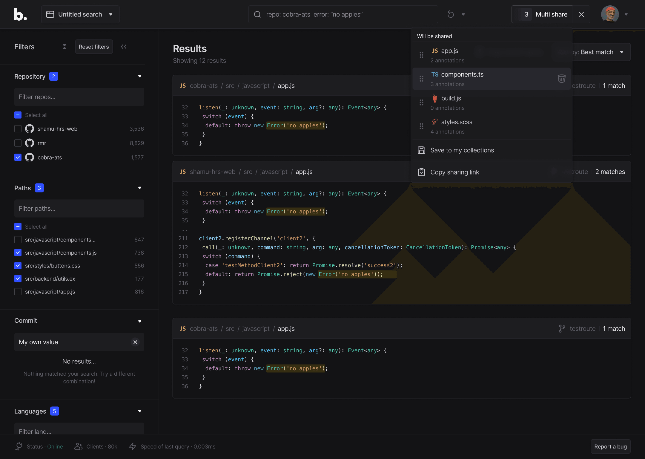 Product overview: search, results and code pane