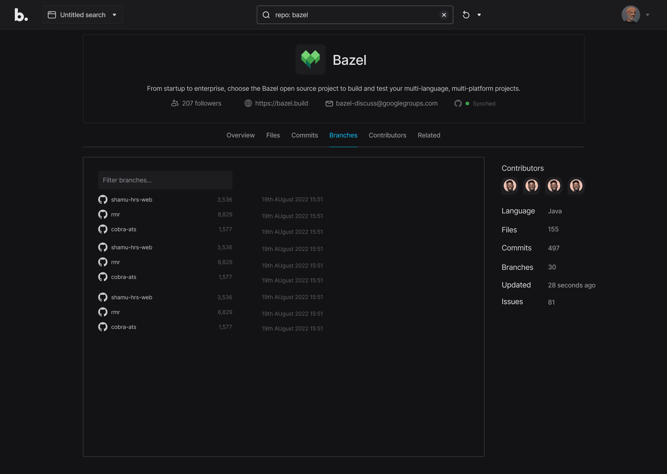 Bazel repo page: Branches tab