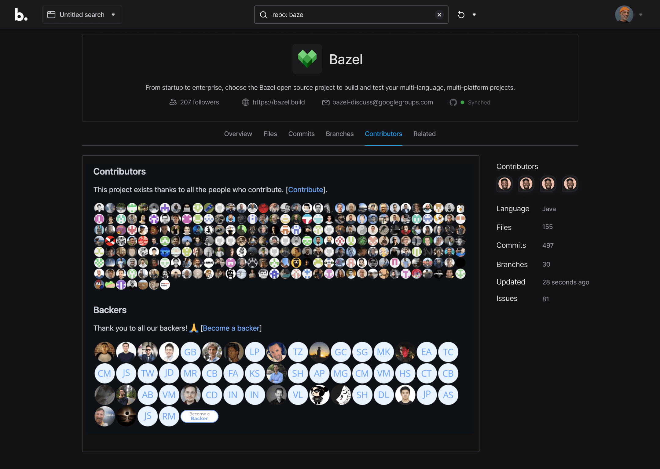 Bazel repo page: Contributors tab