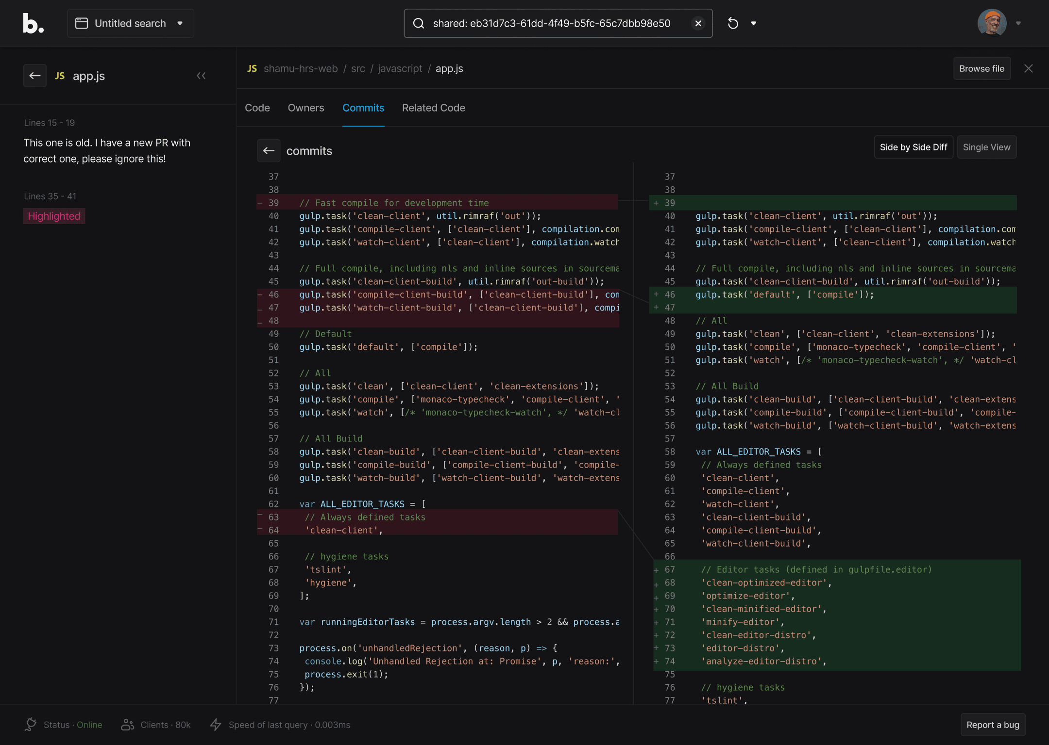 Commit diff, side by side view