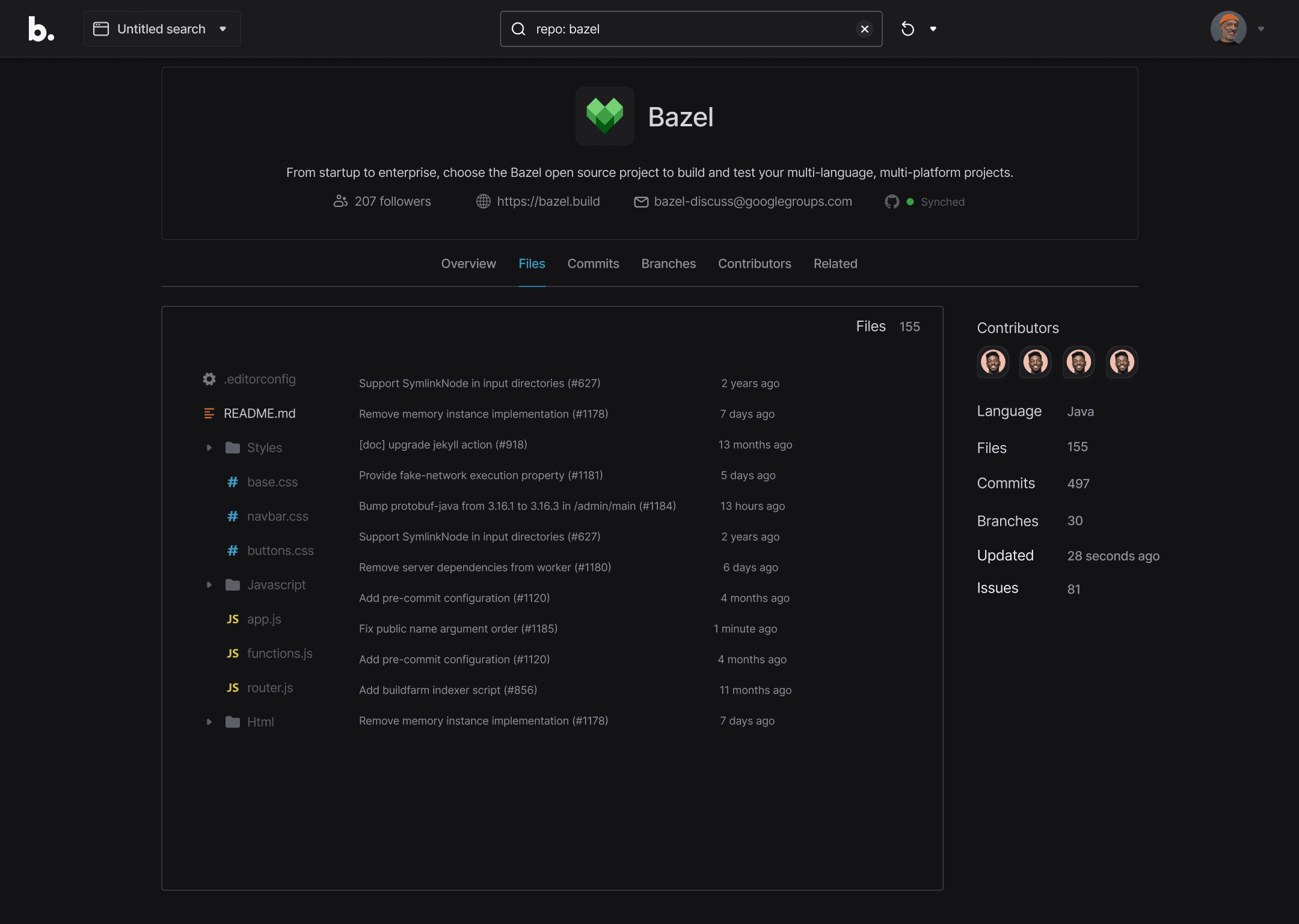 Bazel repo page: Files tab