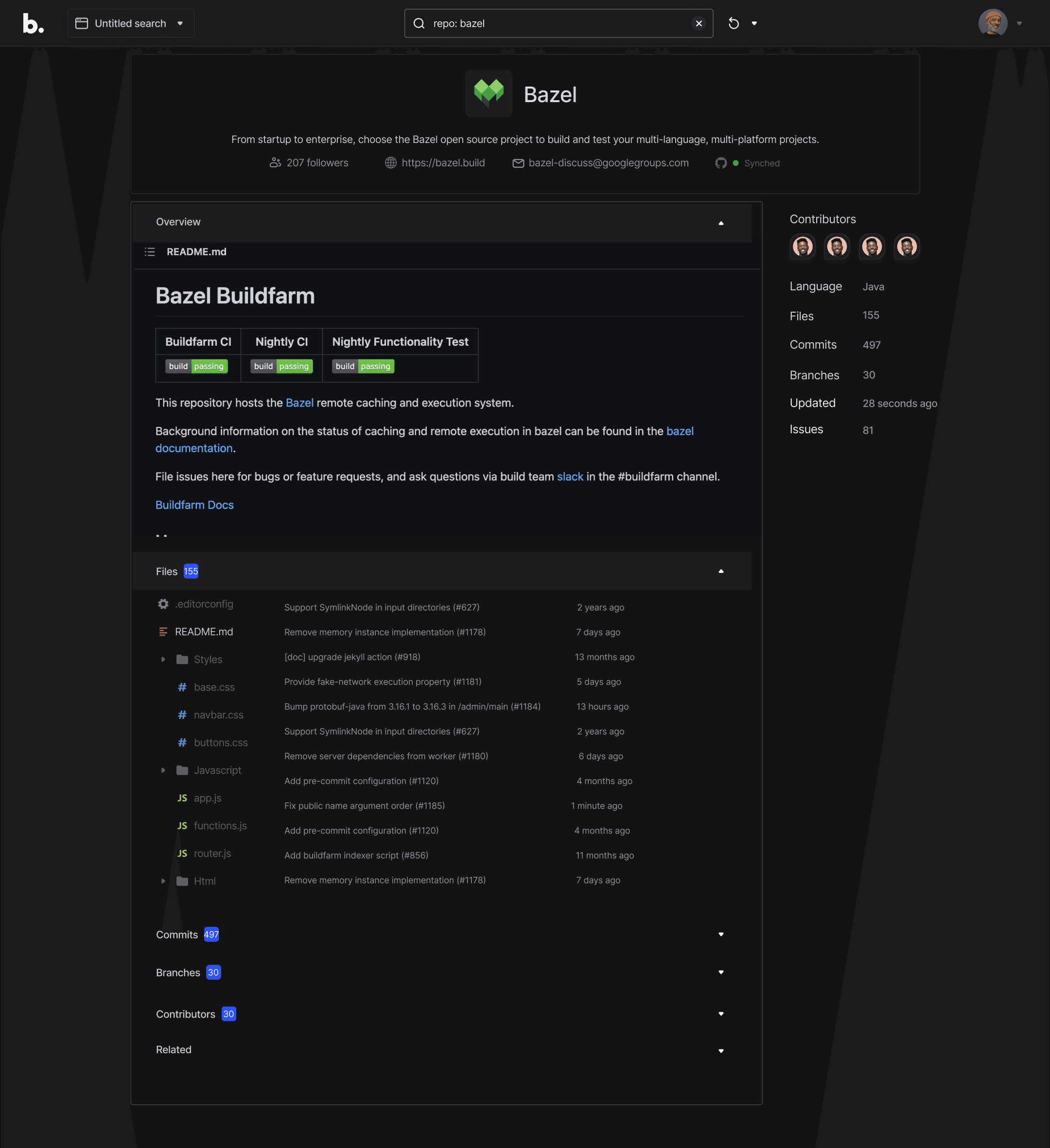 Bazel repo page: single-page accordion layout
