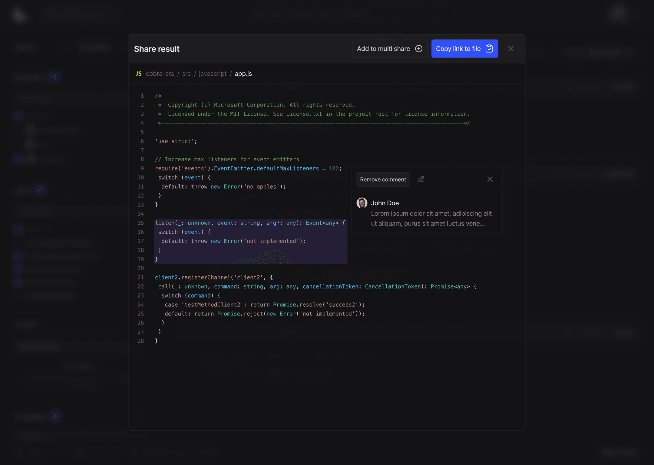 Share result modal with a comment on selected code