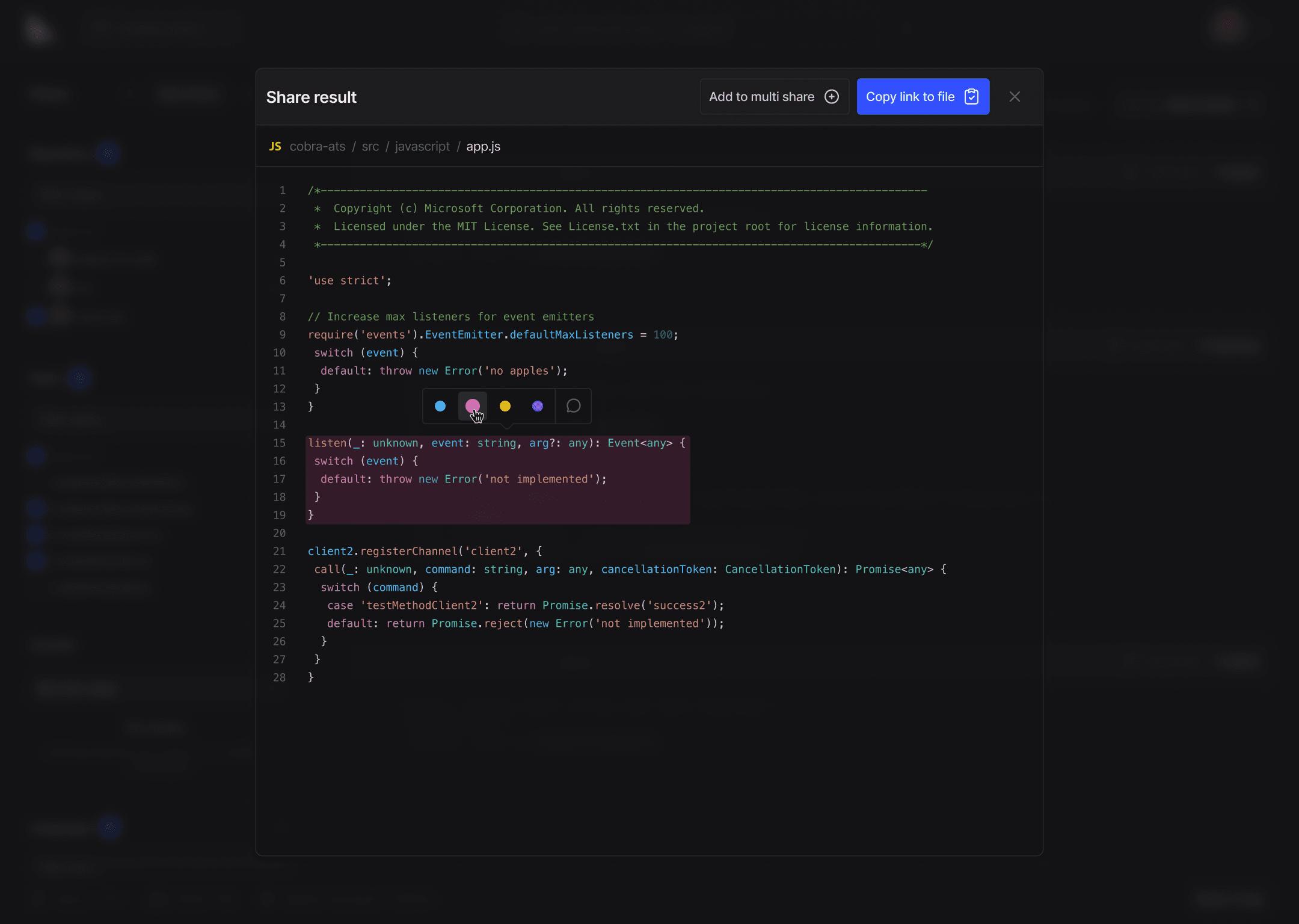 Share result modal with a colour highlight picker on selected code