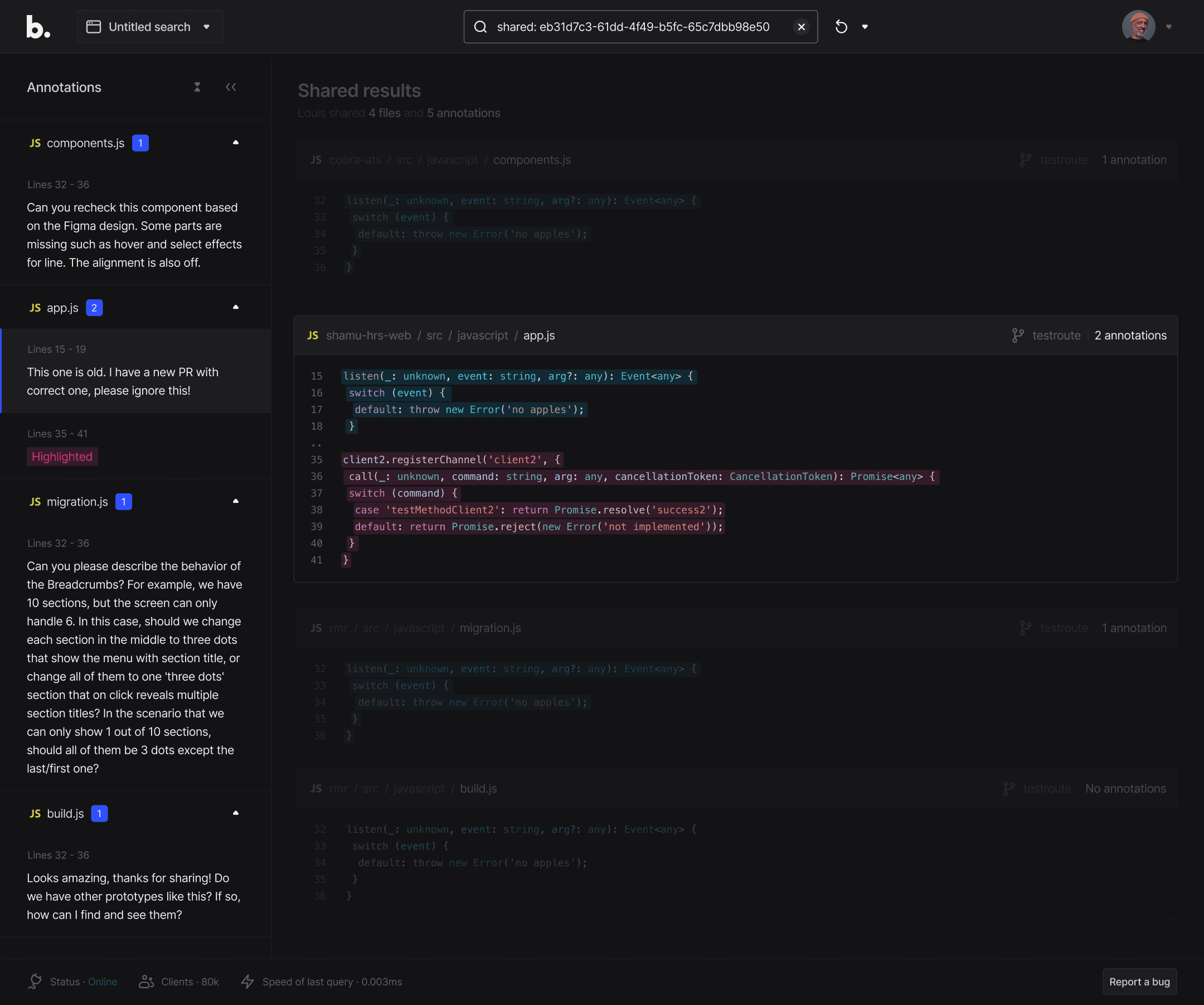 Shared results page with annotations sidebar