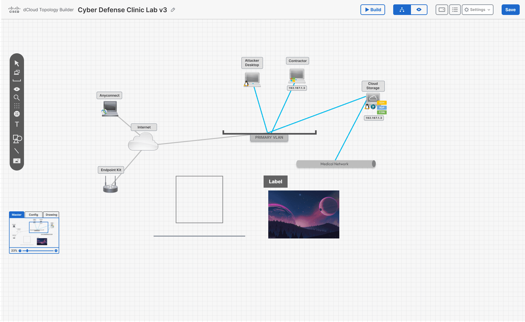 Topology Builder Genesis key screens — combined view, config view, drawing view