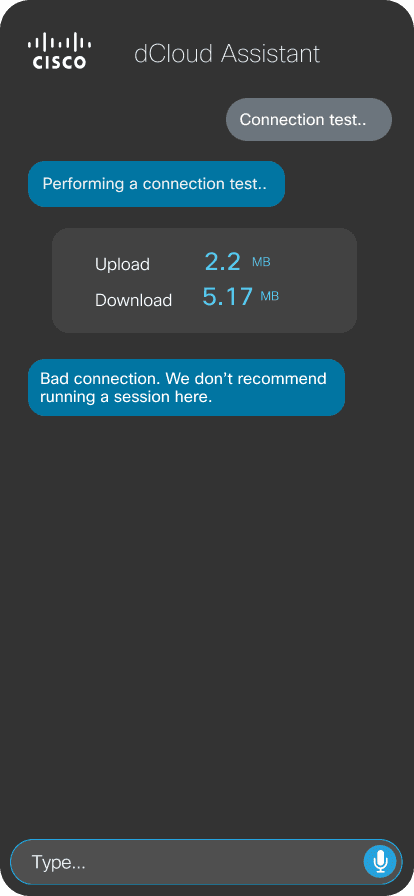 dCloud Assistant — Test Connection screen