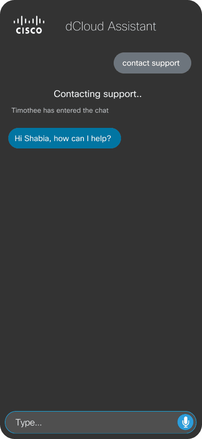 dCloud Assistant — Contact Support screen