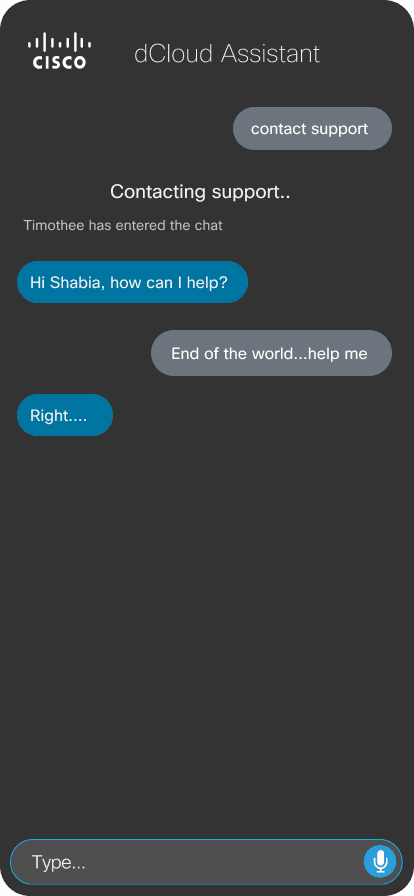 dCloud Assistant — Contact Support screen