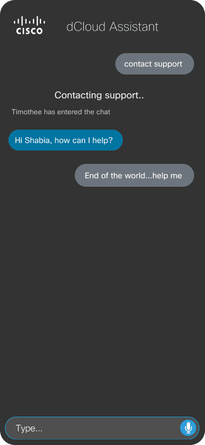 dCloud Assistant — Contact Support screen