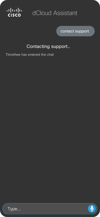 dCloud Assistant — Contact Support screen