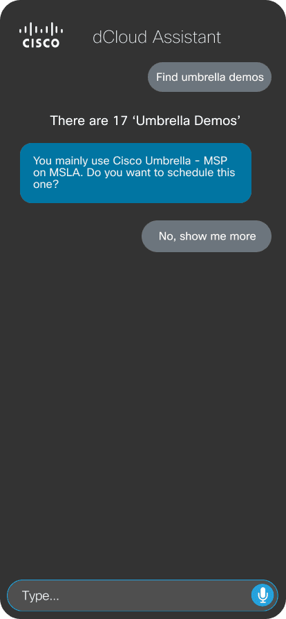 dCloud Assistant — Find & Schedule Demos screen