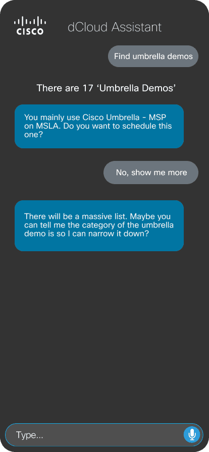 dCloud Assistant — Find & Schedule Demos screen