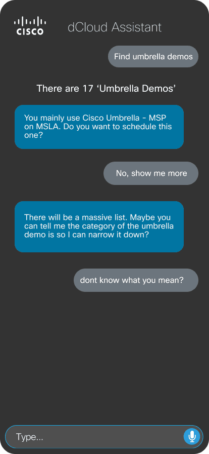 dCloud Assistant — Find & Schedule Demos screen