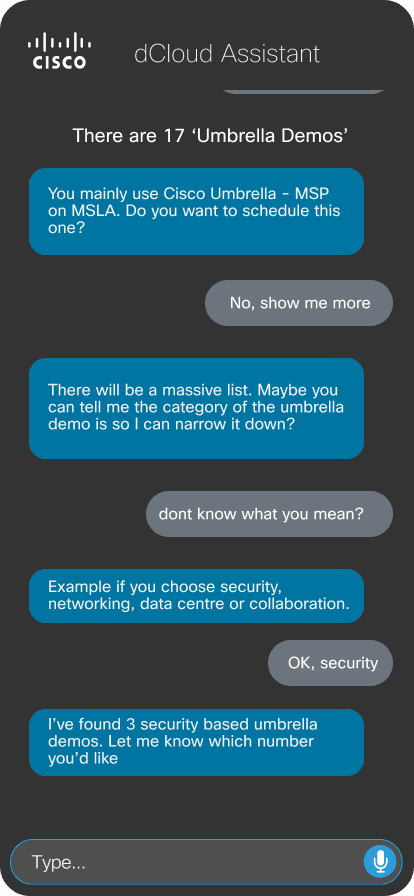 dCloud Assistant — Find & Schedule Demos screen