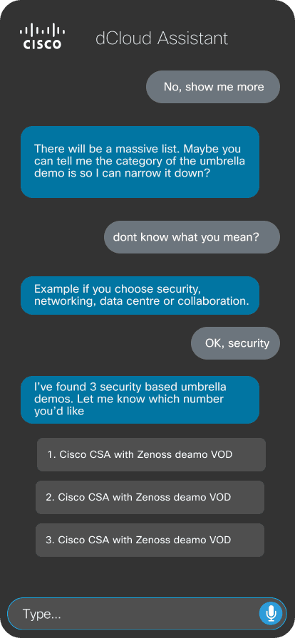 dCloud Assistant — Find & Schedule Demos screen