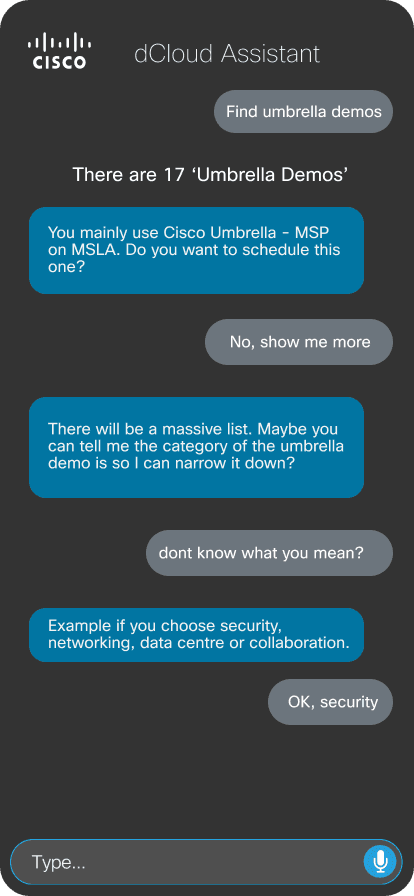 dCloud Assistant — Find & Schedule Demos screen