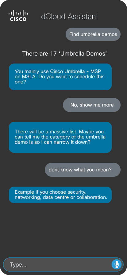 dCloud Assistant — Find & Schedule Demos screen