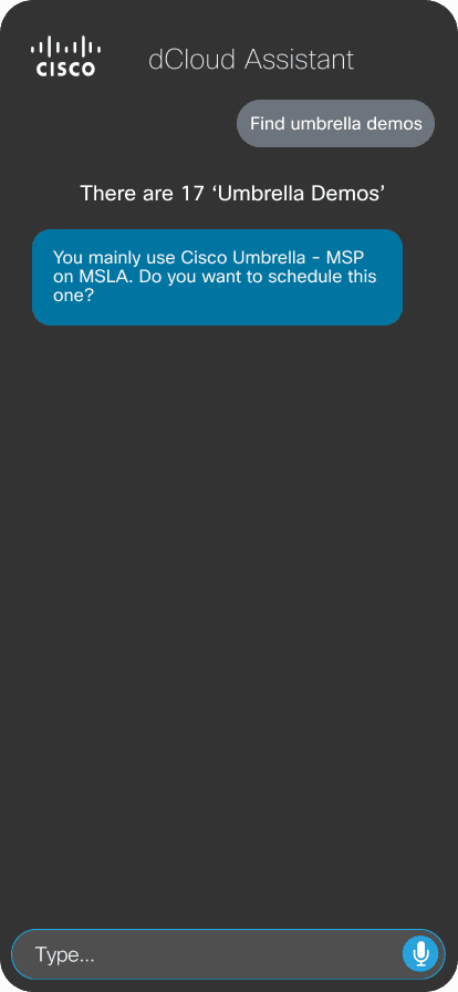 dCloud Assistant — Find & Schedule Demos screen
