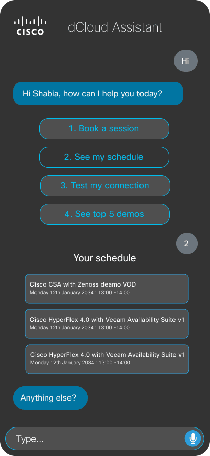 dCloud Assistant — See Schedule screen
