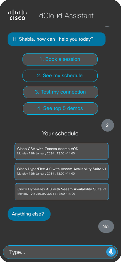dCloud Assistant — See Schedule screen