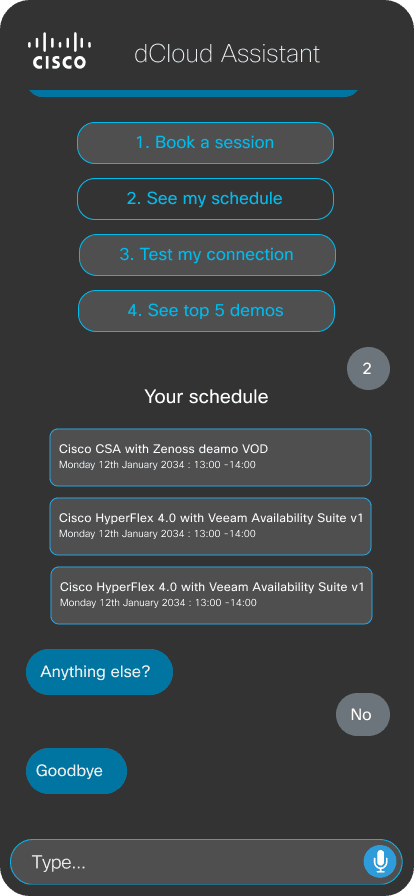 dCloud Assistant — See Schedule screen