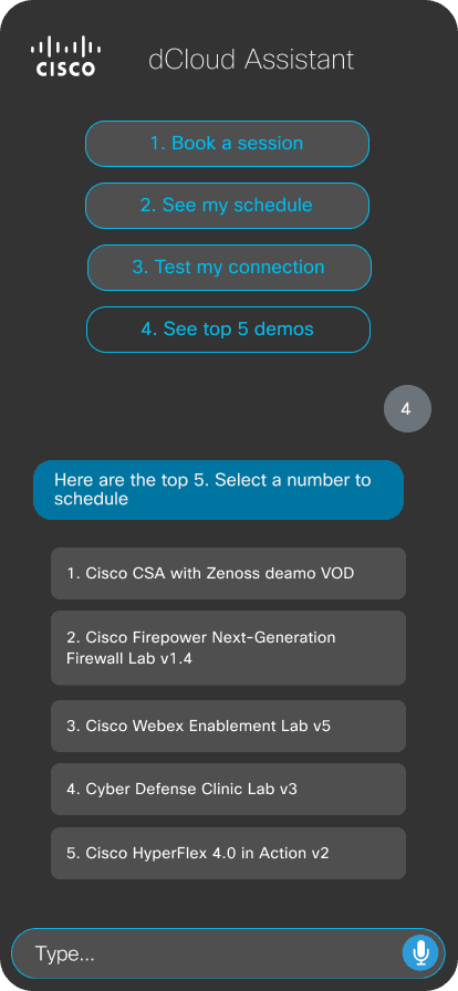 dCloud Assistant — Top 5 Demos screen