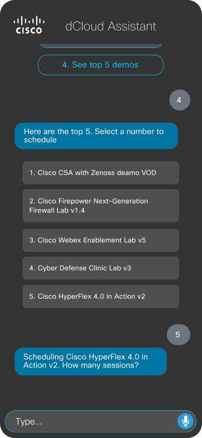 dCloud Assistant — Top 5 Demos screen