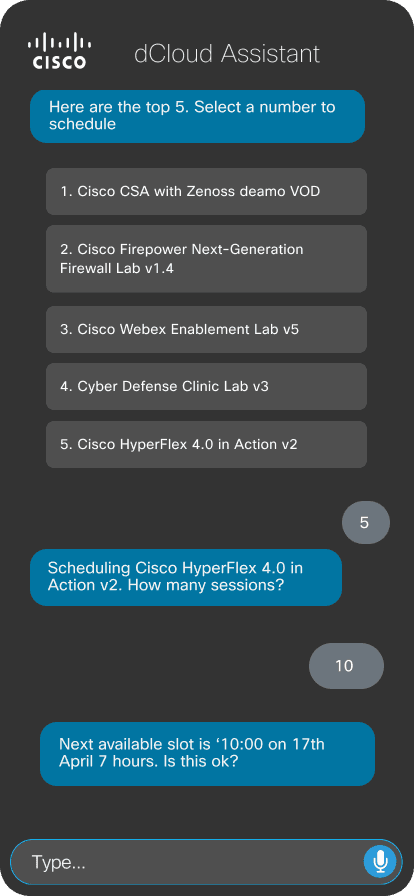 dCloud Assistant — Top 5 Demos screen