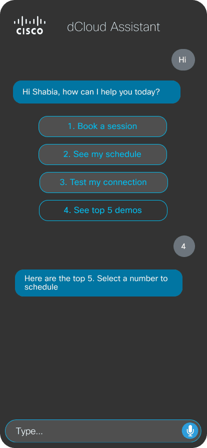 dCloud Assistant — Top 5 Demos screen