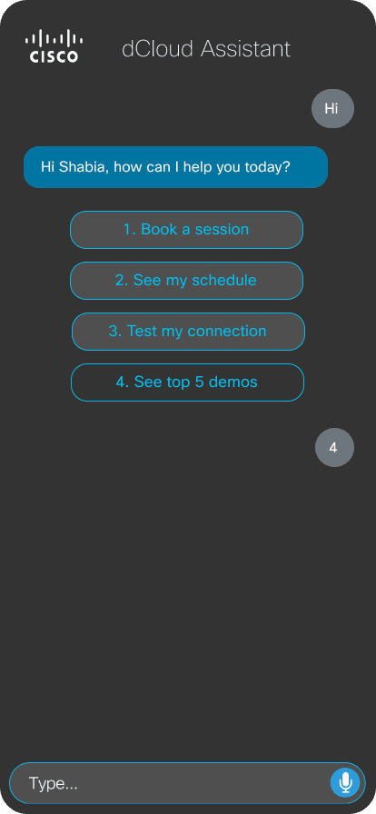 dCloud Assistant — Top 5 Demos screen